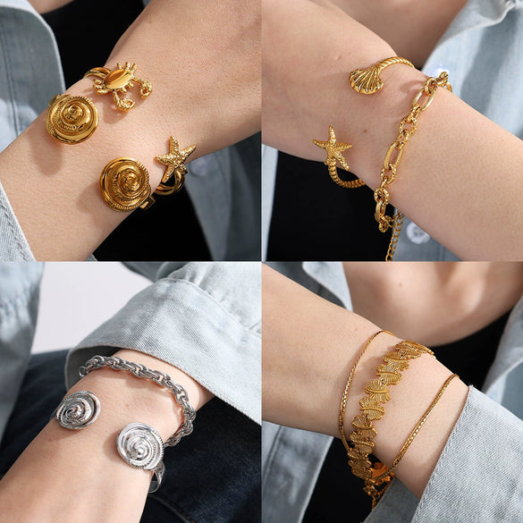 Bracelet 316L Stainless Steel Ocean Series Starfish Leaf Open Electroplated