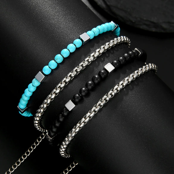 Bracelet Turquoise Black Gallstone Chain Round Handmade Fashion Bohemian Style Unisex