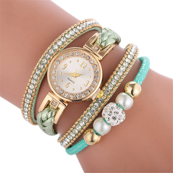 Bracelet Watch Diamond Woven Imitation Leather Strap Stainless Steel Buckle Alloy Case Round Dial Leisure Style