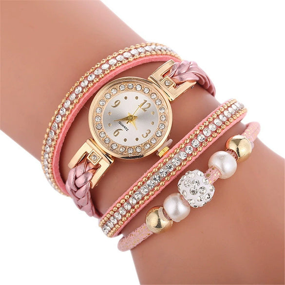 Bracelet Watch Diamond Woven Imitation Leather Strap Stainless Steel Buckle Alloy Case Round Dial Leisure Style