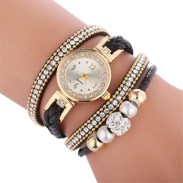 Bracelet Watch Diamond Woven Imitation Leather Strap Stainless Steel Buckle Alloy Case Round Dial Leisure Style