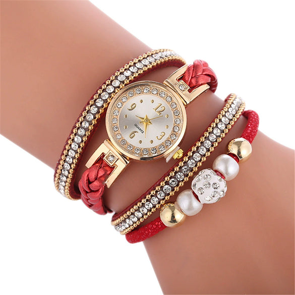 Bracelet Watch Diamond Woven Imitation Leather Strap Stainless Steel Buckle Alloy Case Round Dial Leisure Style