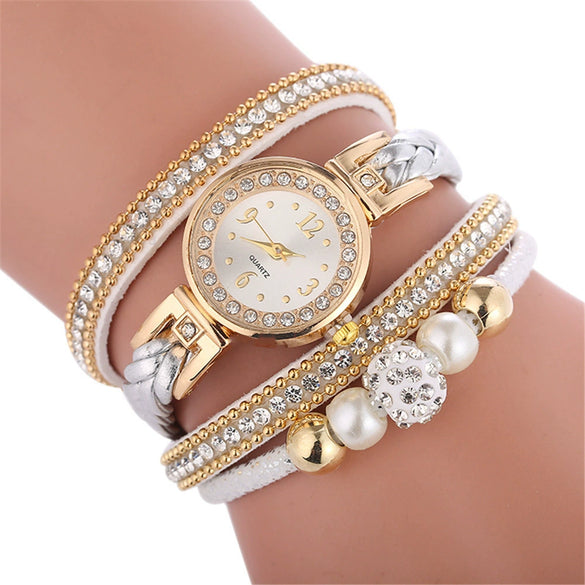 Bracelet Watch Diamond Woven Imitation Leather Strap Stainless Steel Buckle Alloy Case Round Dial Leisure Style