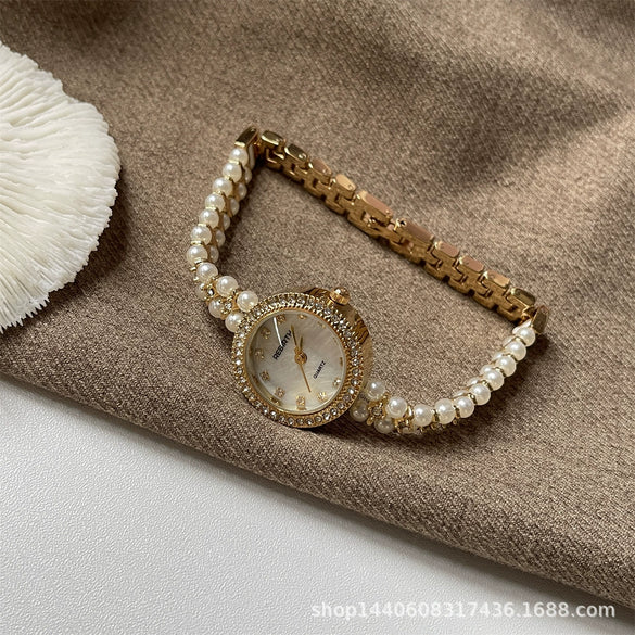 Bracelet Watch Natural Pearl Metal Ordinary Glass Mirror Antique Style Round For Women
