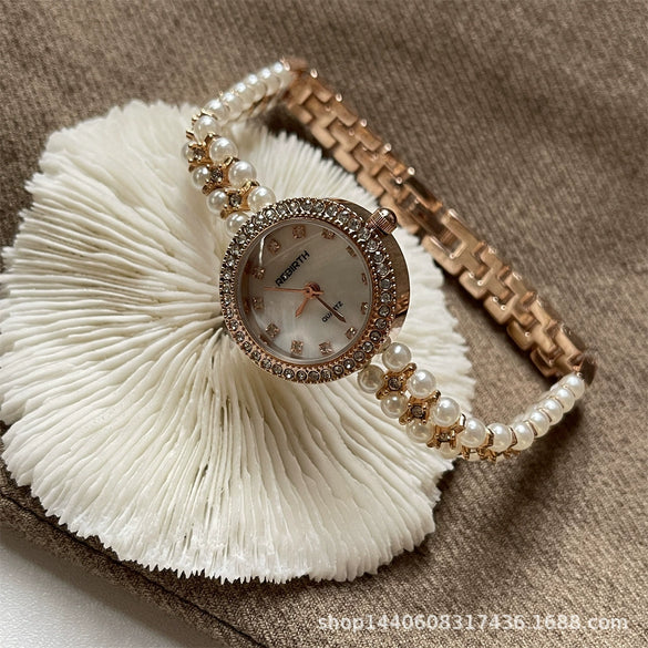 Bracelet Watch Natural Pearl Metal Ordinary Glass Mirror Antique Style Round For Women