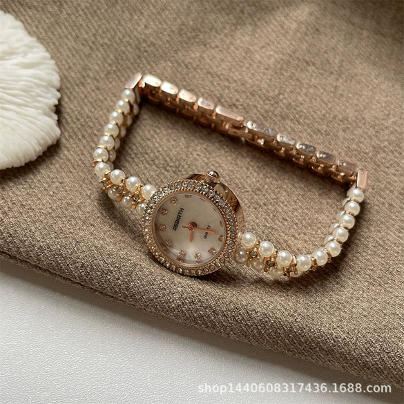 Bracelet Watch Natural Pearl Metal Ordinary Glass Mirror Antique Style Round For Women