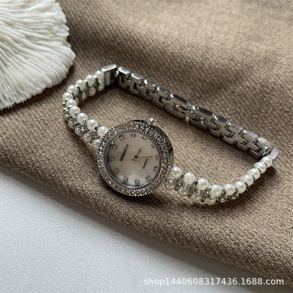 Bracelet Watch Natural Pearl Metal Ordinary Glass Mirror Antique Style Round For Women