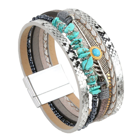 Bracelets Leather Crystal Feather Braided Geometric Electroplated For Women And Men