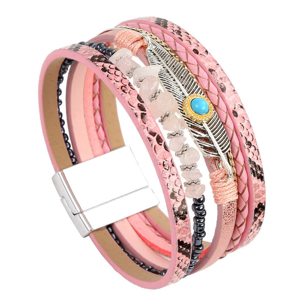 Bracelets Leather Crystal Feather Braided Geometric Electroplated For Women And Men