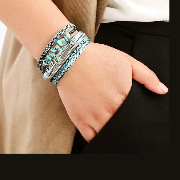Bracelets Leather Crystal Feather Braided Geometric Electroplated For Women And Men