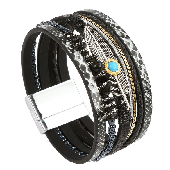 Bracelets Leather Crystal Feather Braided Geometric Electroplated For Women And Men