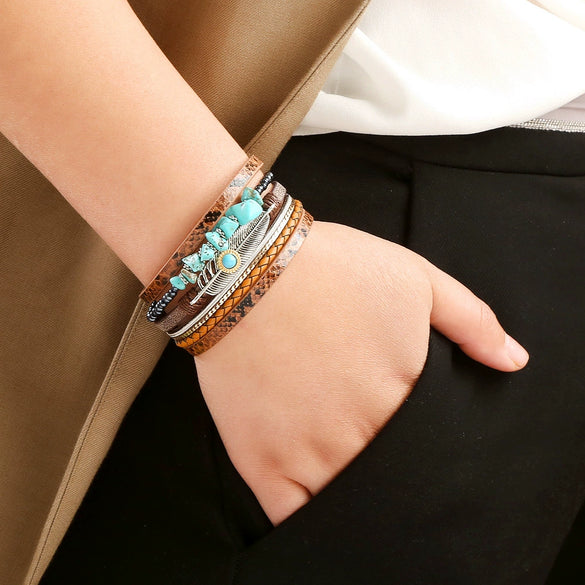 Bracelets Leather Crystal Feather Braided Geometric Electroplated For Women And Men