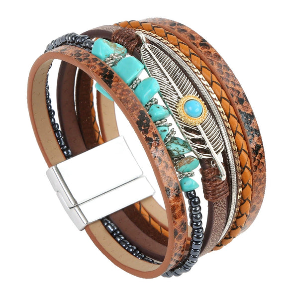 Bracelets Leather Crystal Feather Braided Geometric Electroplated For Women And Men