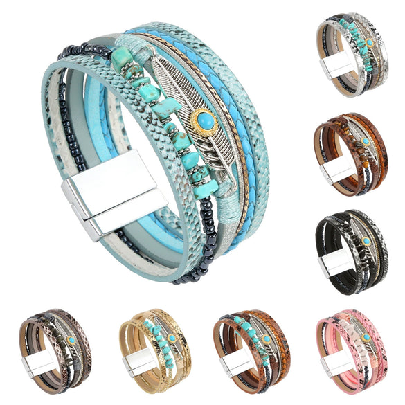 Bracelets Leather Crystal Feather Braided Geometric Electroplated For Women And Men