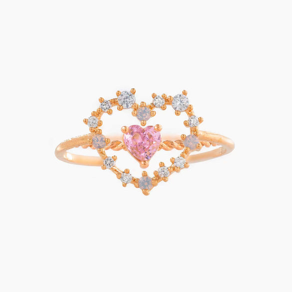 Brass Copperplated 18K Gold Heart Shape Ring Hand Jewelry With Microset Diamond For Women