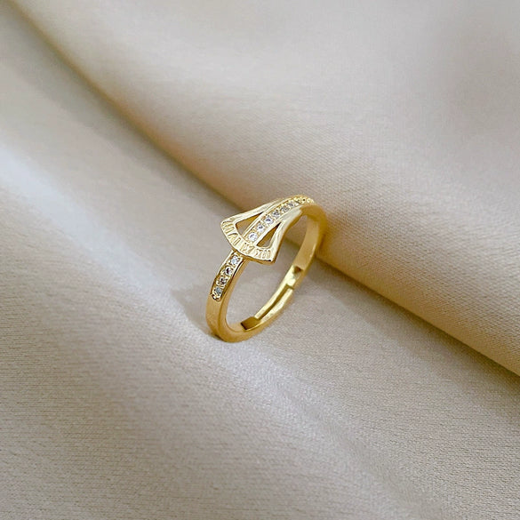 Brass Ginkgo Zircon Full Diamond Opening Adjustable Ring With Crown Pattern Electroplated For Women Cartoon Style