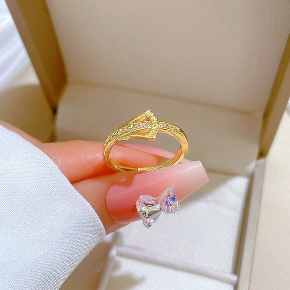 Brass Ginkgo Zircon Full Diamond Opening Adjustable Ring With Crown Pattern Electroplated For Women Cartoon Style