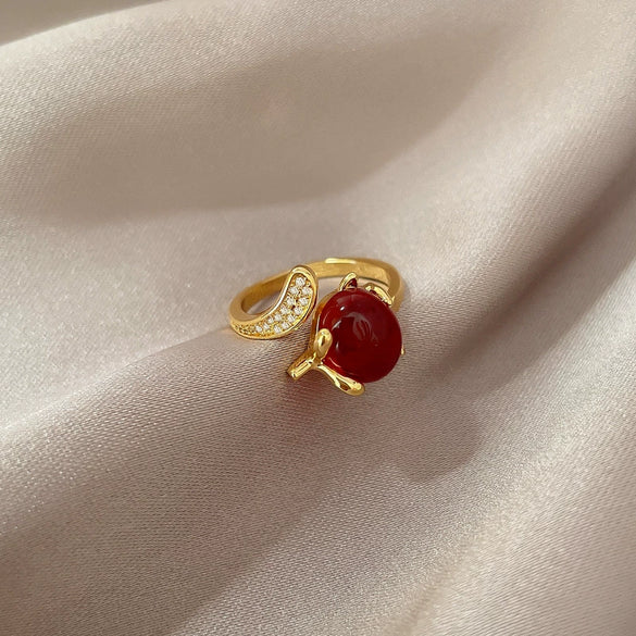 Brass Microinlaid Zirconia Cartoon Crown Shaped Red Fox Ring For Women