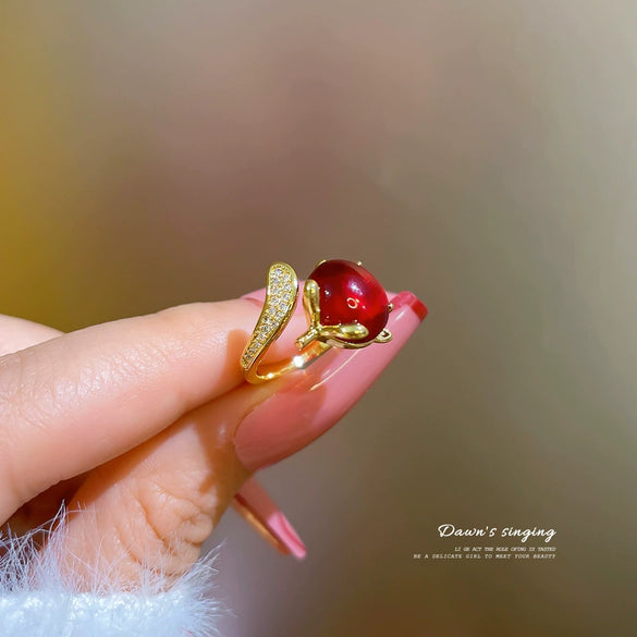 Brass Microinlaid Zirconia Cartoon Crown Shaped Red Fox Ring For Women