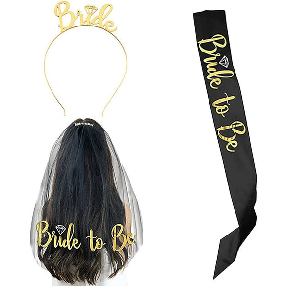Bridal Crown Headband Shoulder Strap Veil Set Rose Gold Black 3Piece