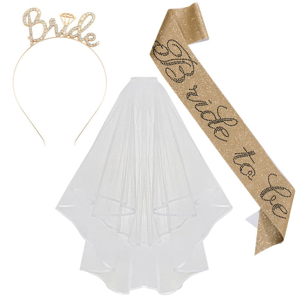 Bridal Crown Headband Shoulder Strap Veil Set Rose Gold Material