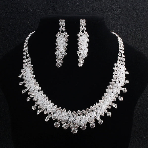 Bridal Crystal Rhinestone Earrings And Necklace Set Handmade Geometric Wedding Jewelry For Women