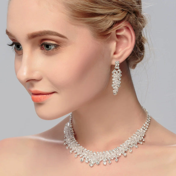 Bridal Crystal Rhinestone Earrings And Necklace Set Handmade Geometric Wedding Jewelry For Women