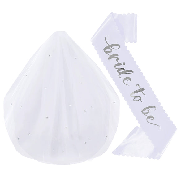Bridal Doublelayer Rhinestone Veil Shoulder Strap Set With Onion Shape And Hot Lettering Satin Semimanual And Semimechanical Ceremonial Belt