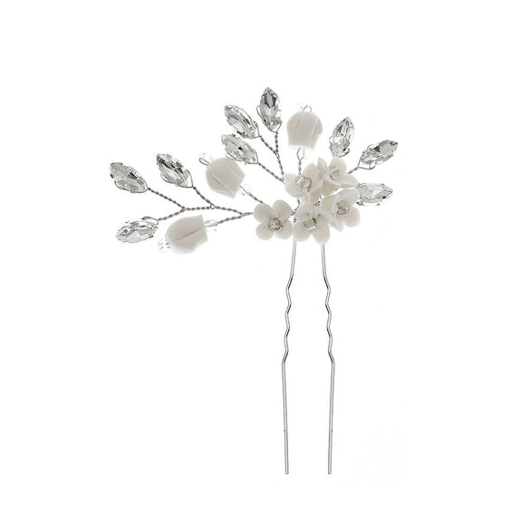 Bridal Flower Hairpin Handmade Ceramic And Rhinestone Hair Accessory U Shaped Hair Clip