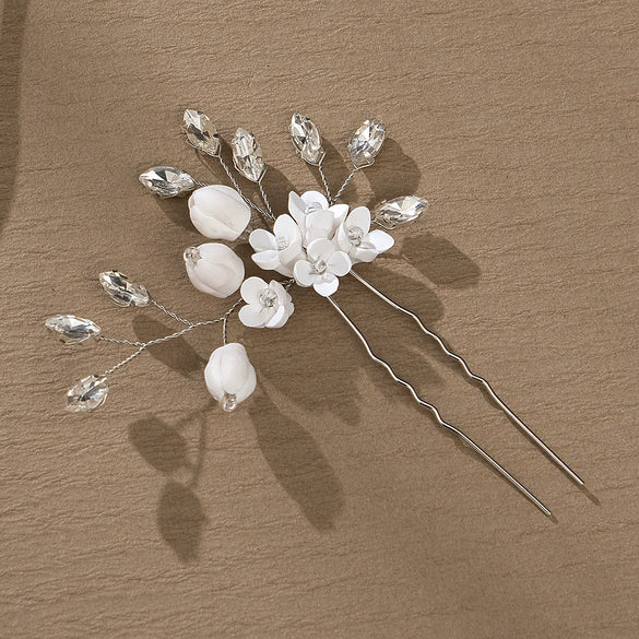 Bridal Flower Hairpin Handmade Ceramic And Rhinestone Hair Accessory U Shaped Hair Clip
