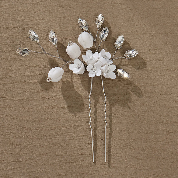 Bridal Flower Hairpin Handmade Ceramic And Rhinestone Hair Accessory U Shaped Hair Clip