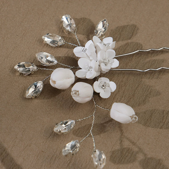 Bridal Flower Hairpin Handmade Ceramic And Rhinestone Hair Accessory U Shaped Hair Clip
