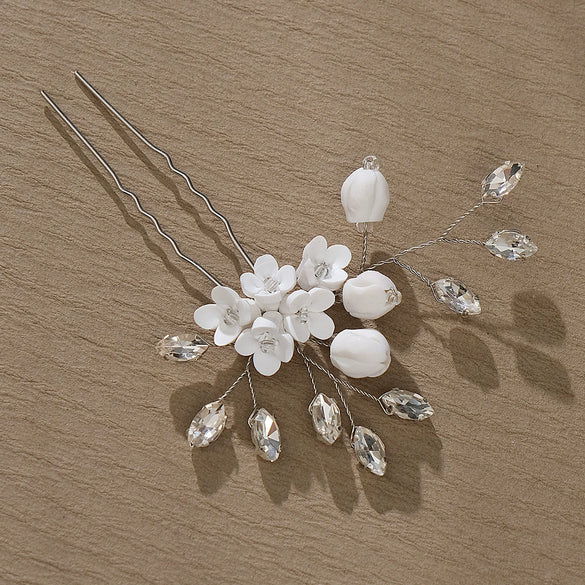 Bridal Flower Hairpin Handmade Ceramic And Rhinestone Hair Accessory U Shaped Hair Clip
