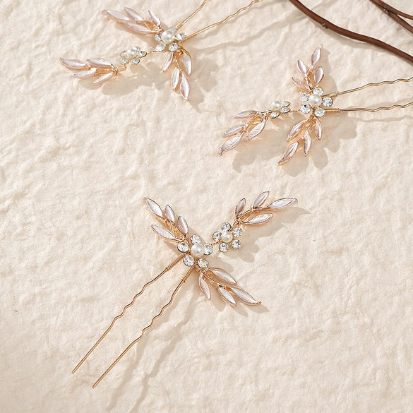 Bridal Hairpin Set With Rhinestone Pearl Leaf U Shaped Hairpin Handmade Hair Accessories