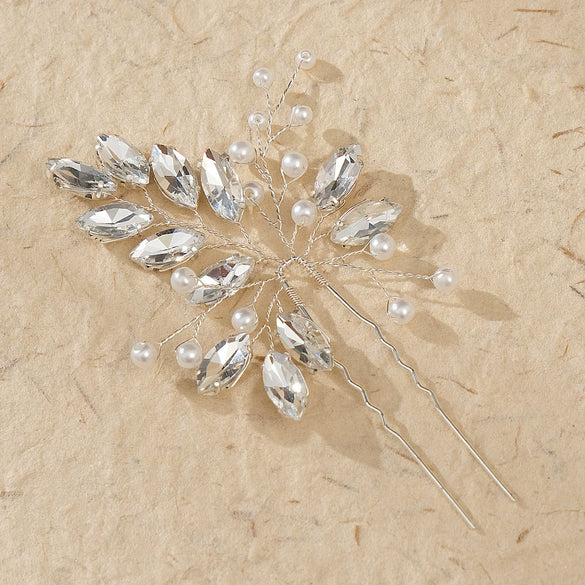 Bridal Headdress Handmade Pearl Ushaped Hairpin With Rhinestone And Leaf Pattern