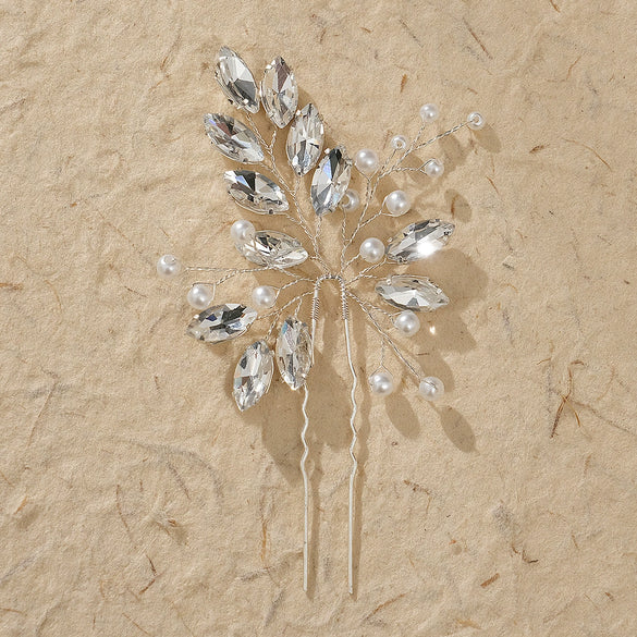Bridal Headdress Handmade Pearl Ushaped Hairpin With Rhinestone And Leaf Pattern