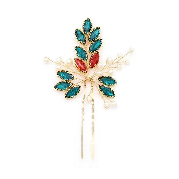 Bridal Headdress Handmade Pearl Ushaped Hairpin With Rhinestone And Leaf Pattern