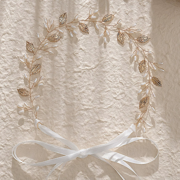 Bridal Headwear Handwoven Pearl Headband Forest Fairy Style With Leaf Pattern For Women And Kids