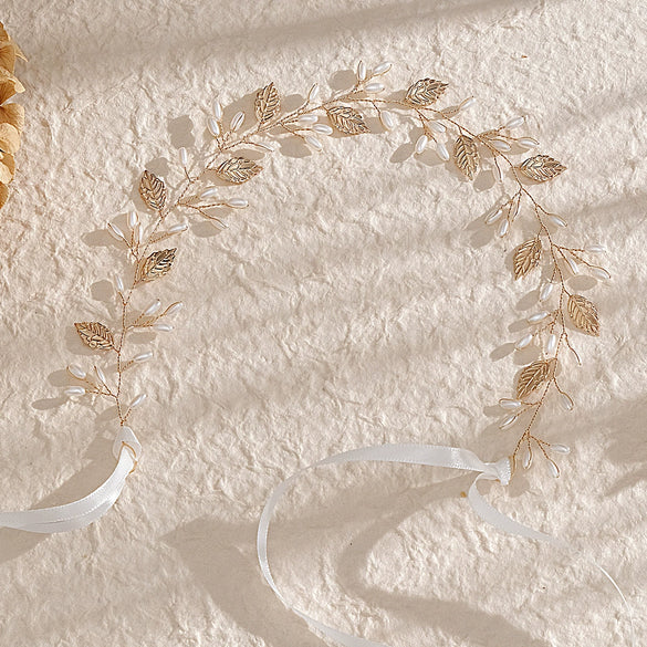 Bridal Headwear Handwoven Pearl Headband Forest Fairy Style With Leaf Pattern For Women And Kids
