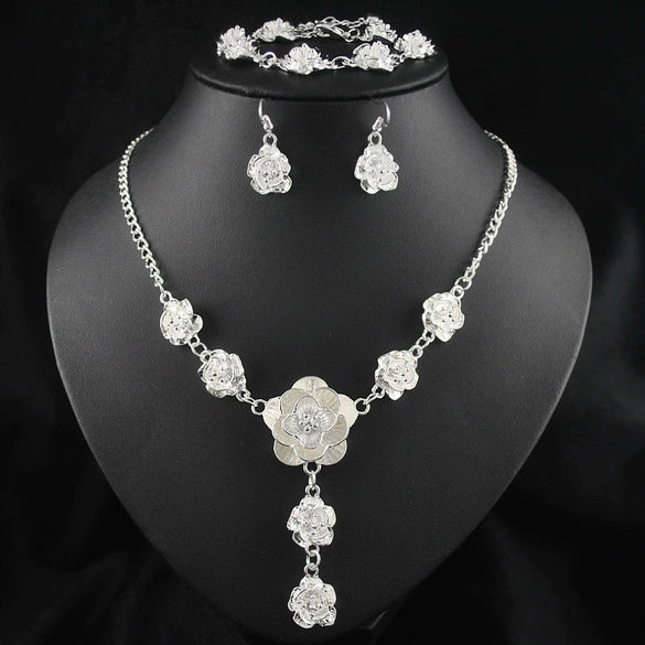 Bridal Jewelry Alloy Flowers Pattern Electroplated Three Piece Set