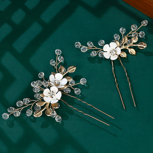 Bridal Jewelry Ushaped Handmade Alloy Hairpin With Leaf Flower Crystal Twopiece Set