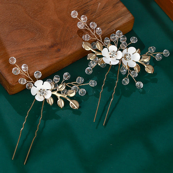 Bridal Jewelry Ushaped Handmade Alloy Hairpin With Leaf Flower Crystal Twopiece Set