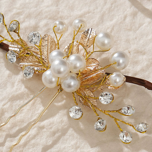 Bridal Leaf Flower U Shaped Hair Fork Handmade Pearl Alloy Rhinestone Hairpin Electroplated Metal Headdress