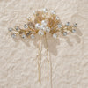 Bridal Leaf Flower U Shaped Hair Fork Handmade Pearl Alloy Rhinestone Hairpin Electroplated Metal Headdress