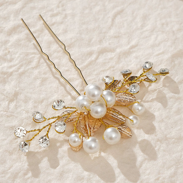 Bridal Leaf Flower U Shaped Hair Fork Handmade Pearl Alloy Rhinestone Hairpin Electroplated Metal Headdress