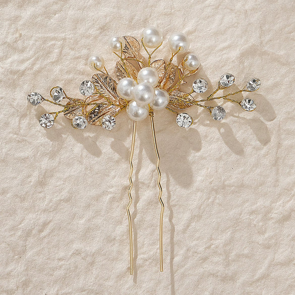 Bridal Leaf Flower U Shaped Hair Fork Handmade Pearl Alloy Rhinestone Hairpin Electroplated Metal Headdress