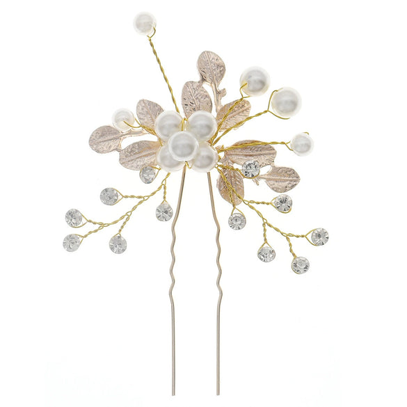 Bridal Leaf Flower U Shaped Hair Fork Handmade Pearl Alloy Rhinestone Hairpin Electroplated Metal Headdress