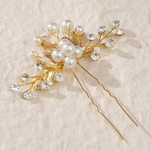 Bridal Leaf Flower U Shaped Hair Fork Handmade Pearl Alloy Rhinestone Hairpin Electroplated Metal Headdress