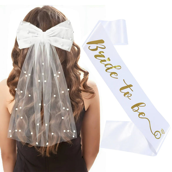 Bridal Pearl Bow Hairpin Shoulder Strap Set Polyester Hair Accessories