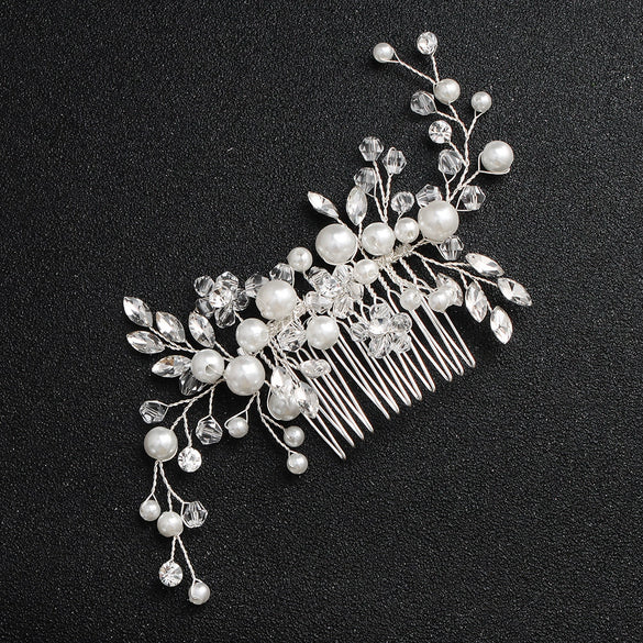 Bridal Pearl Hair Comb With Marquise Rhinestones Handmade Crystal Flower Leaf Headdress For Women